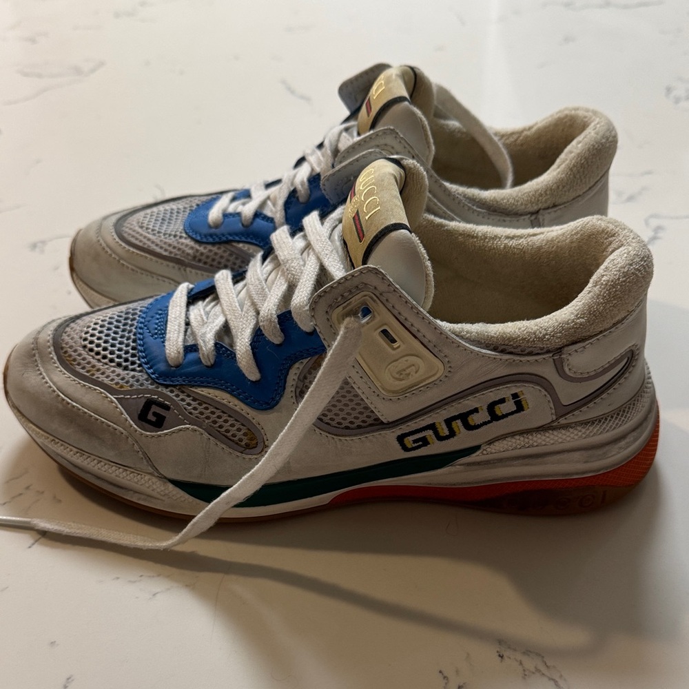 Gucci White and Blue Mesh Leather Sneakers - Picture 5 of 7